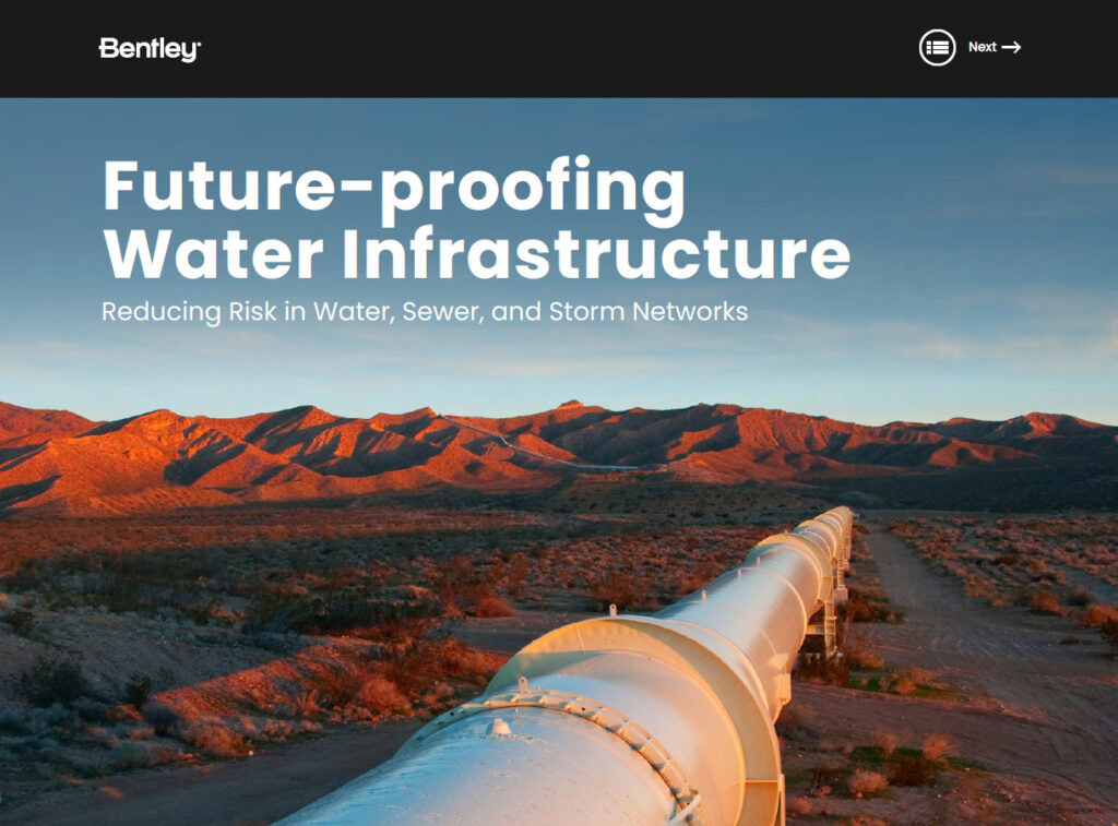 A large pipeline stretches across a desert landscape at sunset. Text overlay reads: "OpenFlows Future-proofing Water Infrastructure: Reduce Risk in Water, Sewer, and Storm Networks.