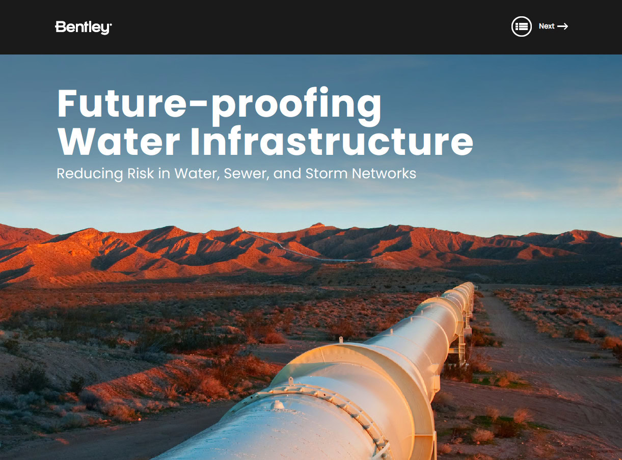 A large pipeline stretches across a desert landscape at sunset. Text overlay reads: "OpenFlows Future-proofing Water Infrastructure: Reduce Risk in Water, Sewer, and Storm Networks.