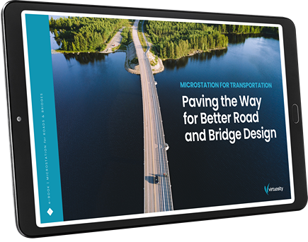 Tablet displaying an e-book cover titled "MicroStation for Transportation: Paving the Way for Better Road and Bridge Design," featuring an image of a road bridge over water.