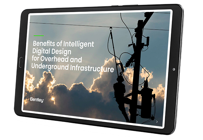 A tablet displaying a presentation slide with the title "benefits of intelligent digital design for overhead and underground infrastructure" against a backdrop of utility workers on electric poles at dusk.