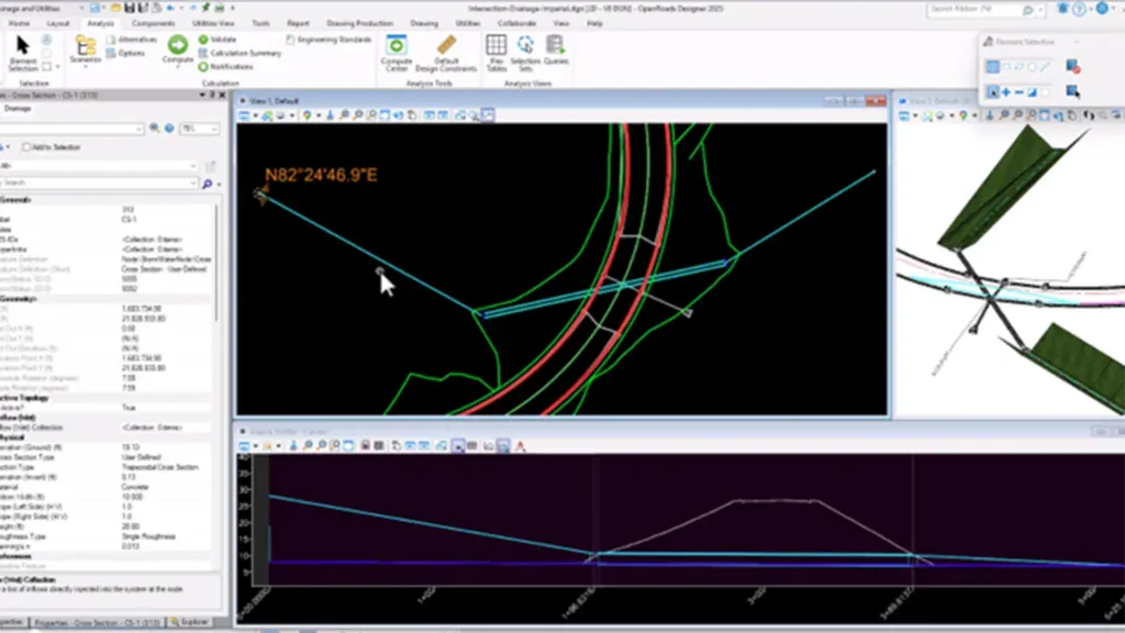 A computer screen displays civil engineering design software with road alignment plans, profiles, and measurement data in multiple windows and panels.
