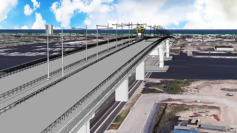 Computer-generated rendering of a large, elevated bridge under construction, spanning over roads and industrial areas with a view of the coastline in the background.