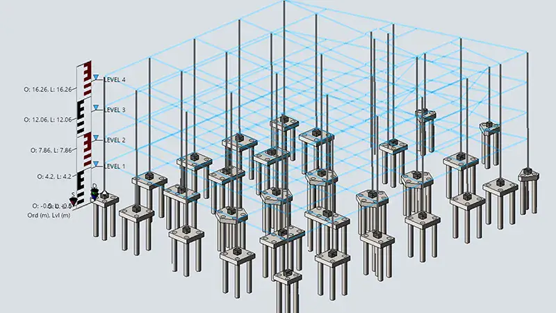 A 3D structural engineering diagram showing multiple concrete columns with base plates at different heights, organized within a gridded framework labeled with elevation levels.