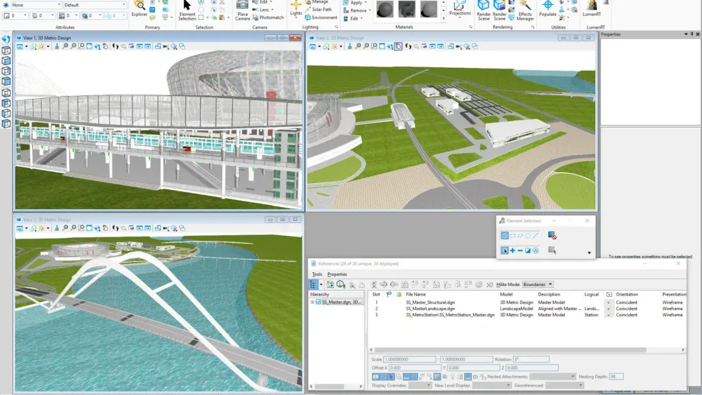 Computer screen displays architectural modeling software with 3D building and site designs, structural details, and project data in multiple view panels.