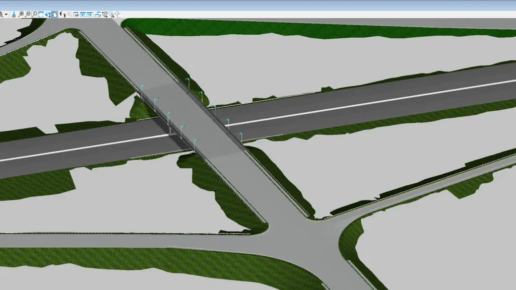 3D model of a road intersection showing an overpass above a secondary road, surrounded by green and gray terrain.