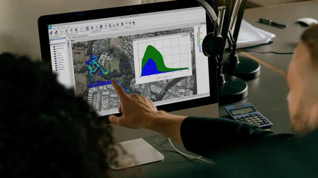 Two people look at a computer screen displaying a map with colored paths and a graph with overlapping green and blue curves beside it.