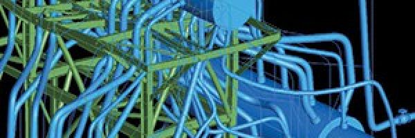 A complex, computer-generated diagram of an industrial piping system with multiple interconnected pipes and components.