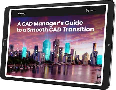 Tablet screen displaying "A CAD Manager's Guide to a Smooth CAD Transition with MicroStation" alongside an image of a city skyline at dusk.