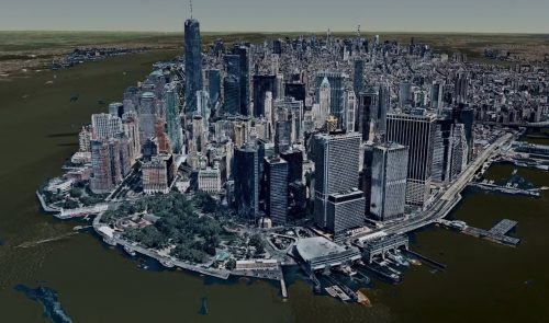 Aerial view of Lower Manhattan, New York City, showcasing densely packed skyscrapers, advanced infrastructure AI, the waterfront, and docks lining the riverside.