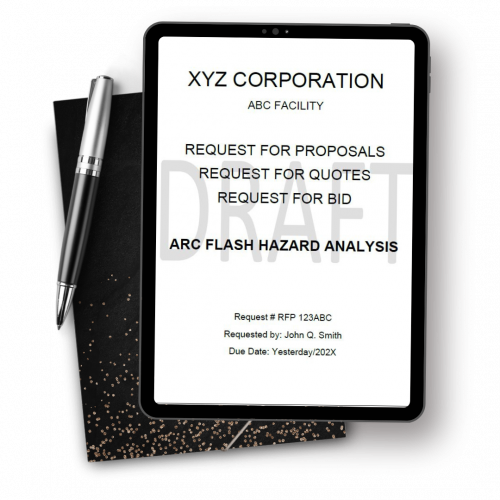 The tablet reveals a document titled “Arc Flash Study” by XYZ Corporation, utilizing EasyPower software. It details request types, request number RFP 123ABC, requester John C. Smith, with the due date marked as Yesterday/202X.