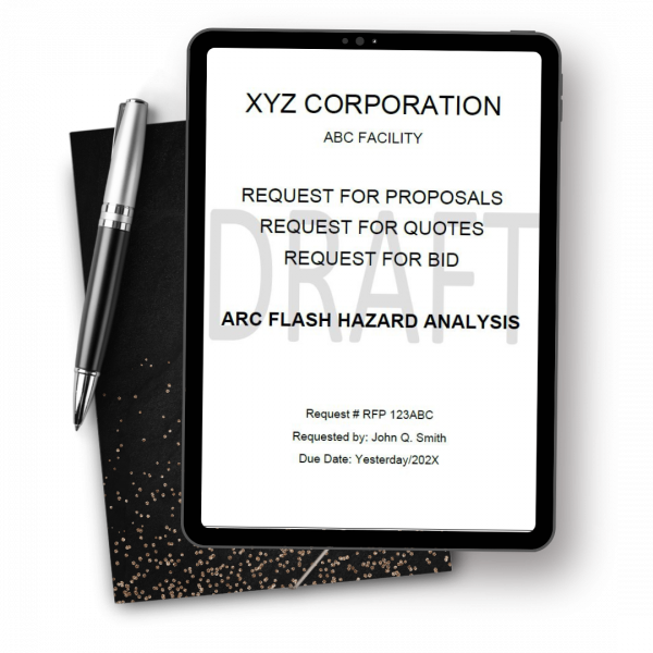 The tablet reveals a document titled “Arc Flash Study” by XYZ Corporation, utilizing EasyPower software. It details request types, request number RFP 123ABC, requester John C. Smith, with the due date marked as Yesterday/202X.