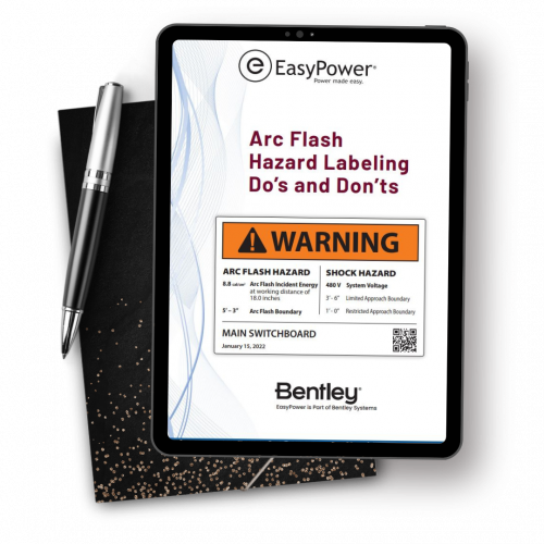 The tablet showcases a document titled “Arc Flash Hazard Labeling Do’s and Don’ts” alongside a striking warning label image, serving as an essential labeling guide. Nearby, a pen rests on a notebook, ready for notes. Enhance your understanding with innovative solutions like EasyPower.