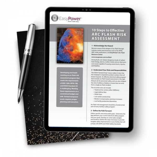 A tablet showcases an article titled "FREE 10 Step Arc Flash Risk Assessment Guide," flanked by a pen and notebook.
