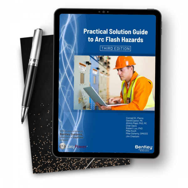 A tablet displays the cover of "Practical Solution Guide to Arc Flash Hazards, Third Edition," with a worker in safety gear operating equipment. An EasyPower pen and notebook accompany the setup, perfect for those diving into this essential safety book.