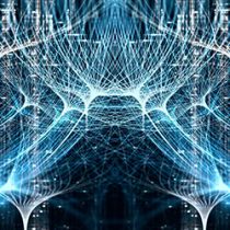 Abstract symmetrical digital artwork depicting interconnected blue and white lines forming intricate patterns on a dark background, created for the 2024 ProjectWise Virtual User Conference.