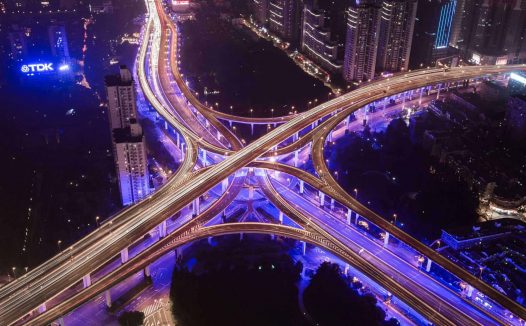 aerial view of highway road network at night