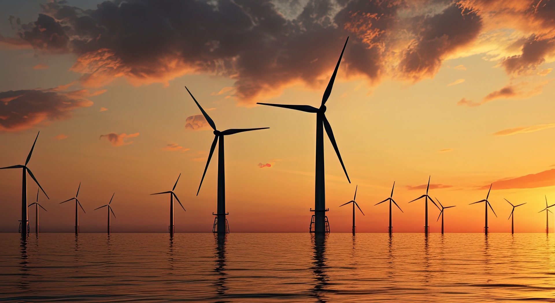A serene offshore wind farm at sunset, with turbines silhouetted against an orange and gold sky, reflecting on the calm ocean waters.