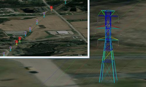 A digital map displays a series of utility pole locations, with an adjacent 3D wireframe model of a transmission tower overlaid on an aerial landscape, empowering software to predict failures across the power grid.