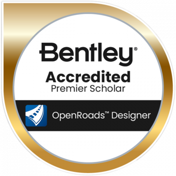 A round badge with a gold border displays "Bentley Accredited Premier Scholar," representing achievement in the Accreditation Program, and features the OpenRoads Designer logo at the bottom.