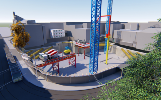 A construction site featuring a blue crane, scaffolding, and various machinery is bustling in Dublin City Centre; surrounding buildings and a small tree are visible, showcasing the progress of digital construction with 4D models.