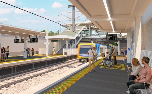 A modern train station platform with a SYNCHRO train arriving. People are waiting, including a person in a wheelchair. The platform has accessible features and information screens, reflecting the latest innovations seen in urban transportation case studies.