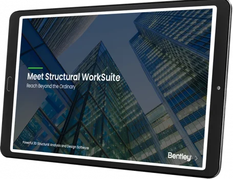 A tablet displaying an advertisement for Bentley's Structural WorkSuite software, featuring an image of skyscrapers and download e-book options.