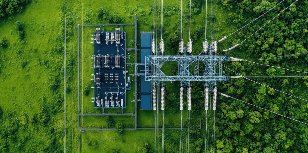 Aerial view of an electric utilities substation surrounded by green grass and dense trees, with multiple power lines extending outward.