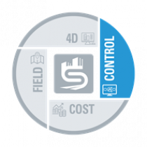 Circular diagram illustrating construction software project management focus areas: field, 4D, control, and cost, each represented with distinct icons.