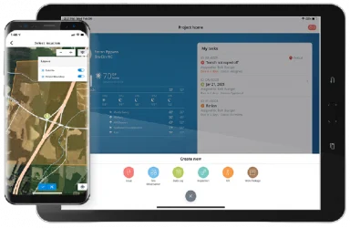 Two digital devices displaying apps: a smartphone with a map and weather forecast, and a tablet showcasing SYNCHRO Construction project management dashboard.