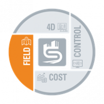 Circular diagram with four segments labeled "field," "4d," "control," and "cost," each with corresponding icons, depicting construction project management elements.