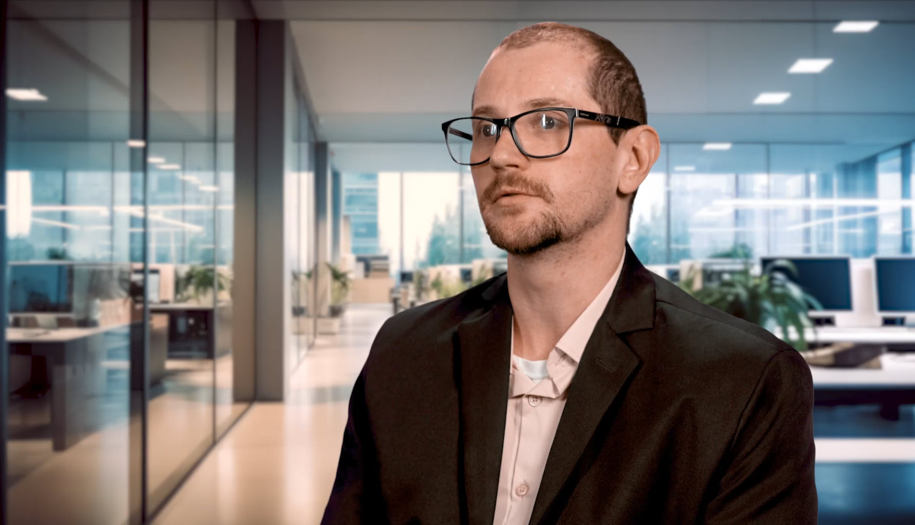 A man in a suit and glasses sits in a modern office with glass walls and computer desks, appearing to be a spotlight partner at Software.com.br.
