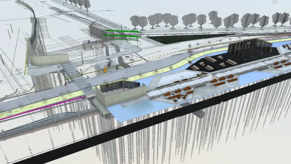 3D architectural rendering of an urban infrastructure project, featuring roads, pathways, structures, and underground foundation piles inspired by Montgomery coastal resilience, with trees in the background.