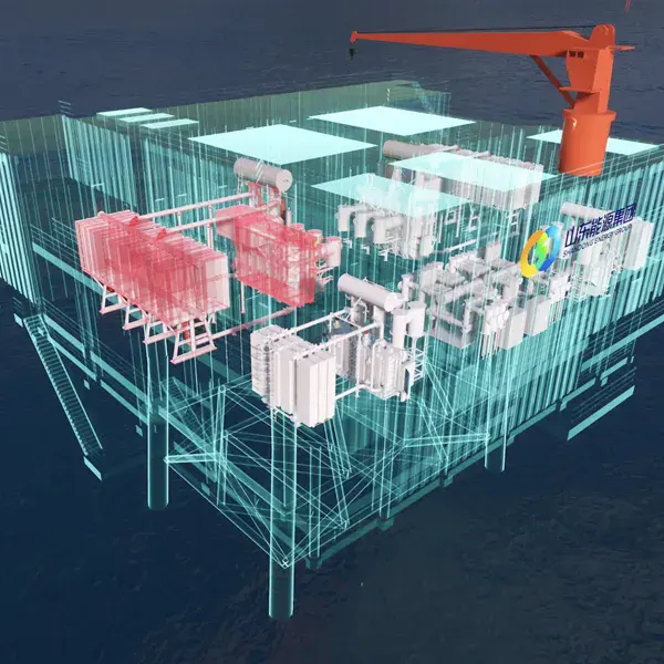 Digital rendering of a digital twin offshore platform with transparent structures, red and white electrical equipment, and an orange crane on the top right, positioned over the ocean for Shandong Energy Group.