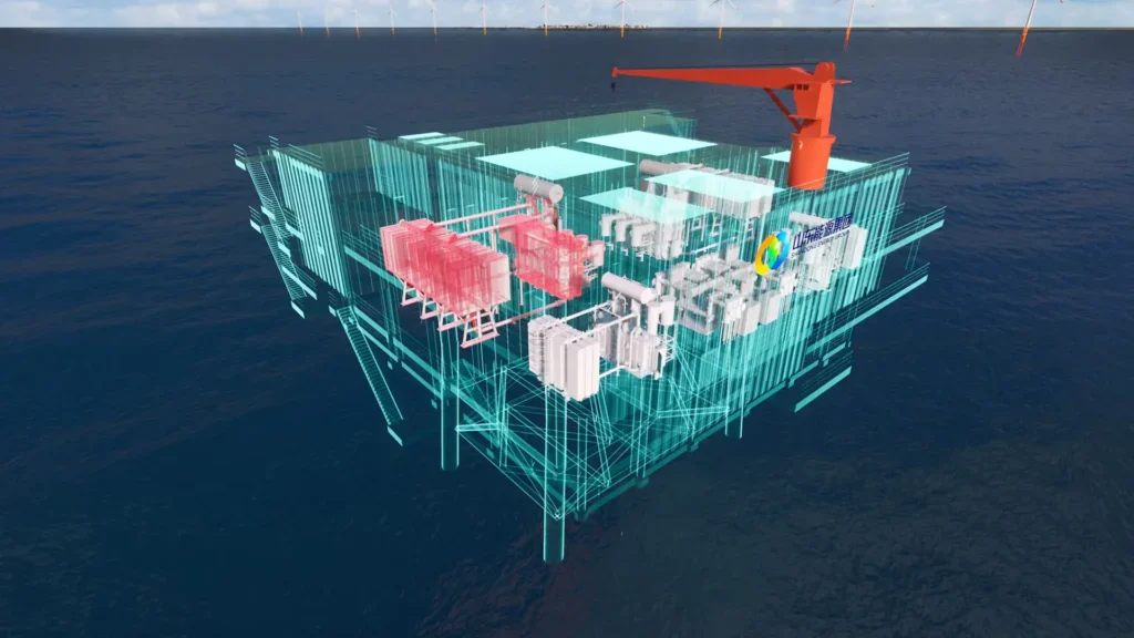 Digital twin rendering of the Bozhong offshore wind farm platform, featuring transparent frameworks and colored internal components, floating on the sea under a partly cloudy sky.