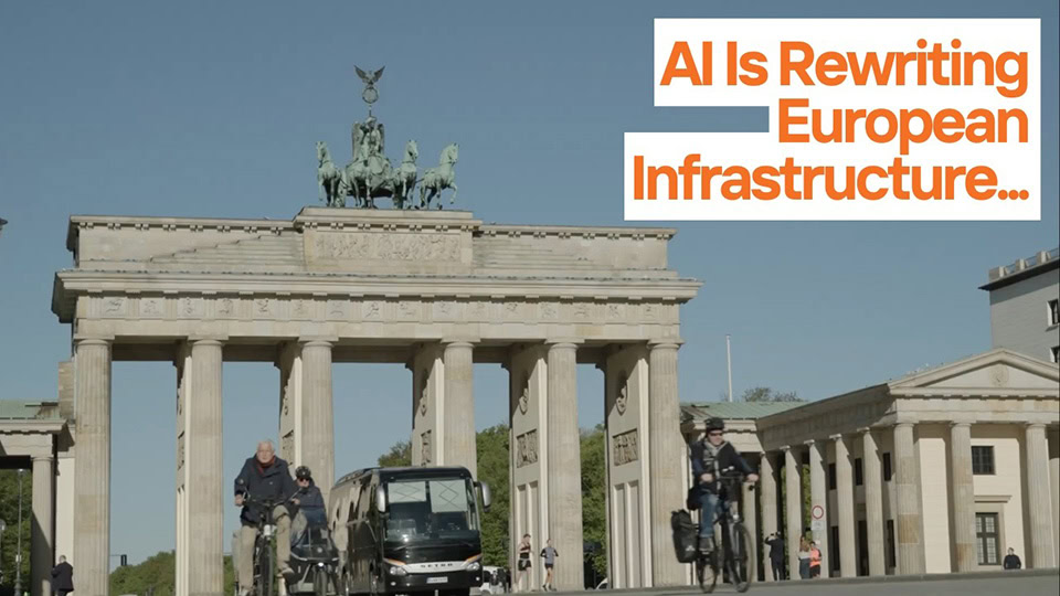 Brandenburg Gate in Berlin with cyclists and vehicles in front; text reads "AI Is Rewriting European Infrastructure...