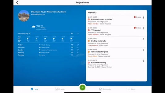 Screenshot of a SYNCHRO Control project management dashboard displaying a weather forecast, task list with critical issues, and navigation menu. The weather forecast shows temperatures ranging from 72°F to 77°F. Enjoy a 30 Day Free Trial to experience seamless project coordination.