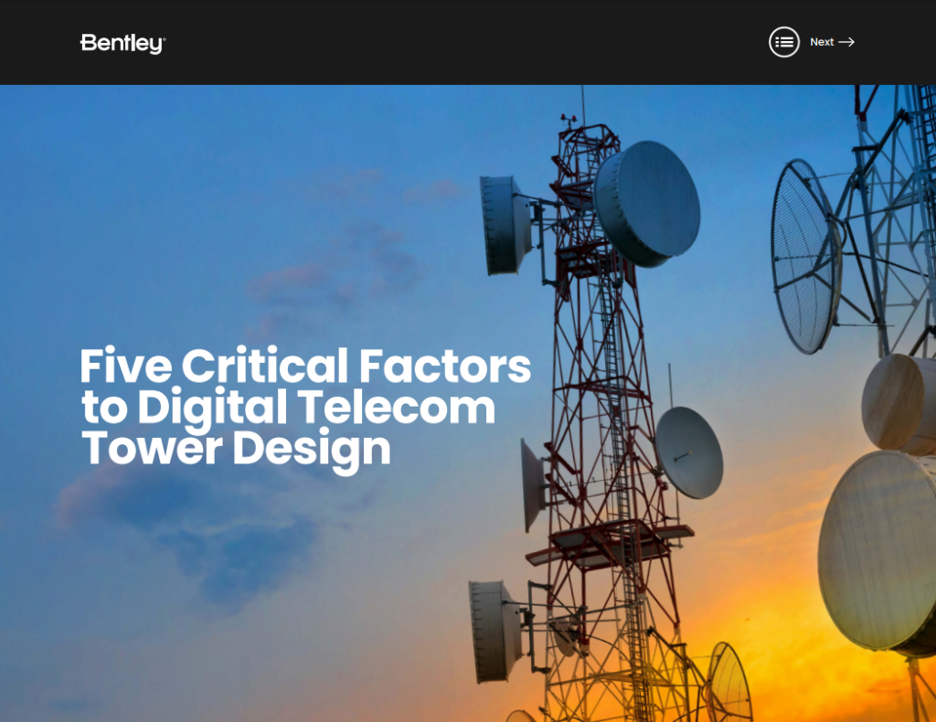Telecommunication towers with various antennas at sunrise, accompanied by the headline text "Five Critical Factors to Digital Tower Design." Bentley logo and navigation icons are visible at the top.