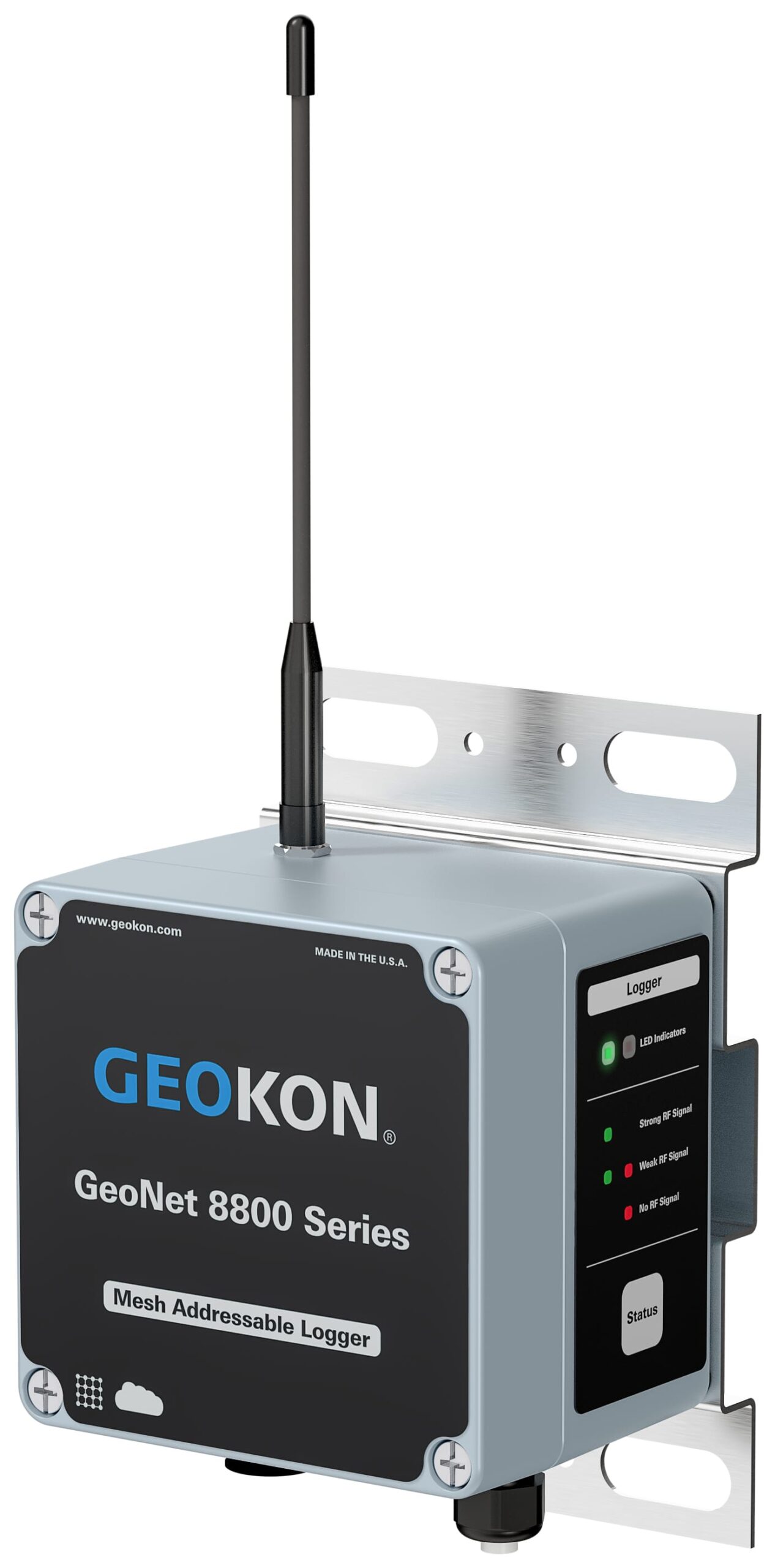 A rectangular GeoNet 8800 Series mesh addressable logger by GEOKON is mounted on a metal bracket with status indicator lights and an antenna.