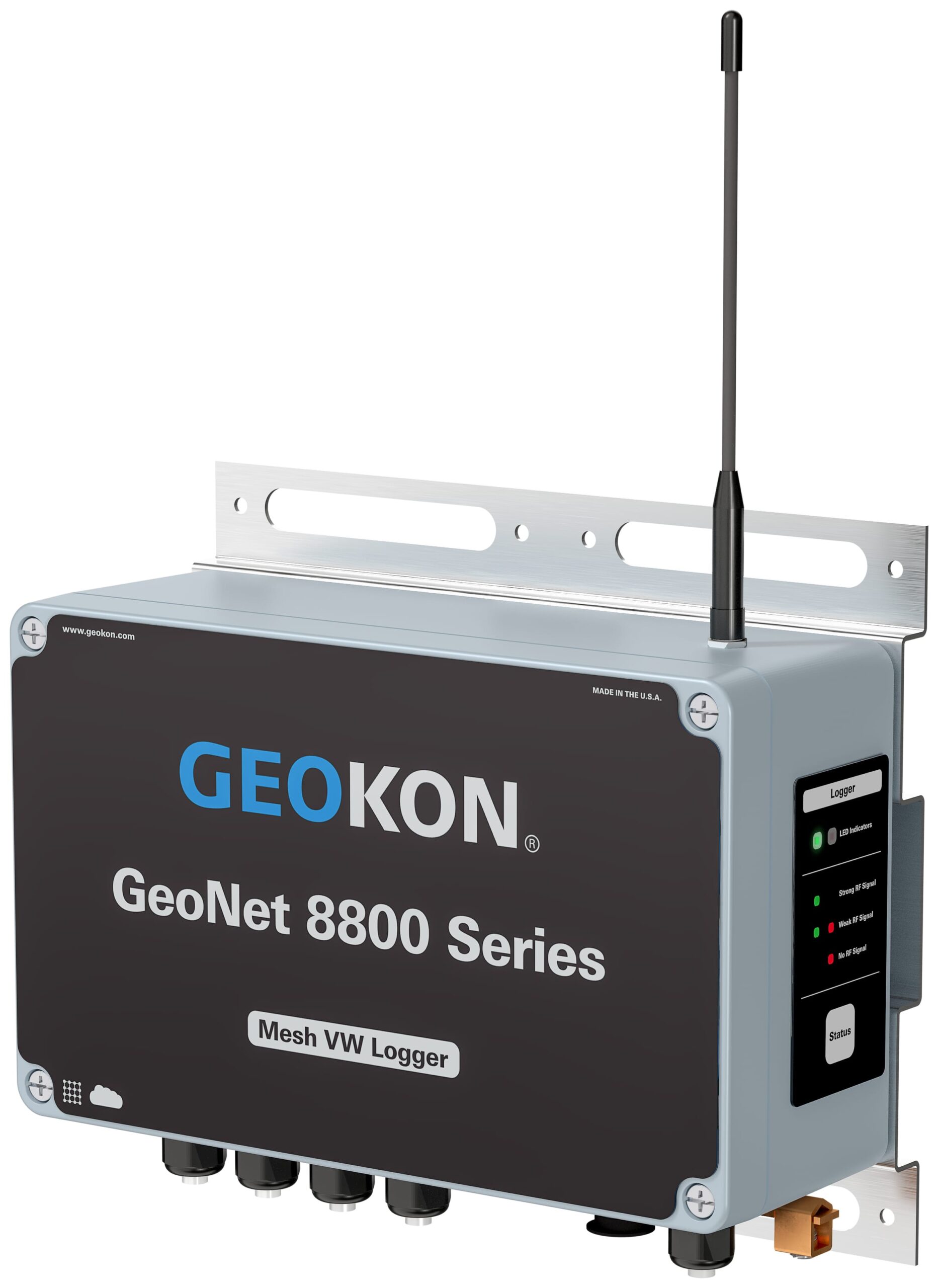A GEOKON GeoNet 8800 Series Mesh VW Logger device with antenna, LED indicators, and connection ports, mounted on a metal bracket.