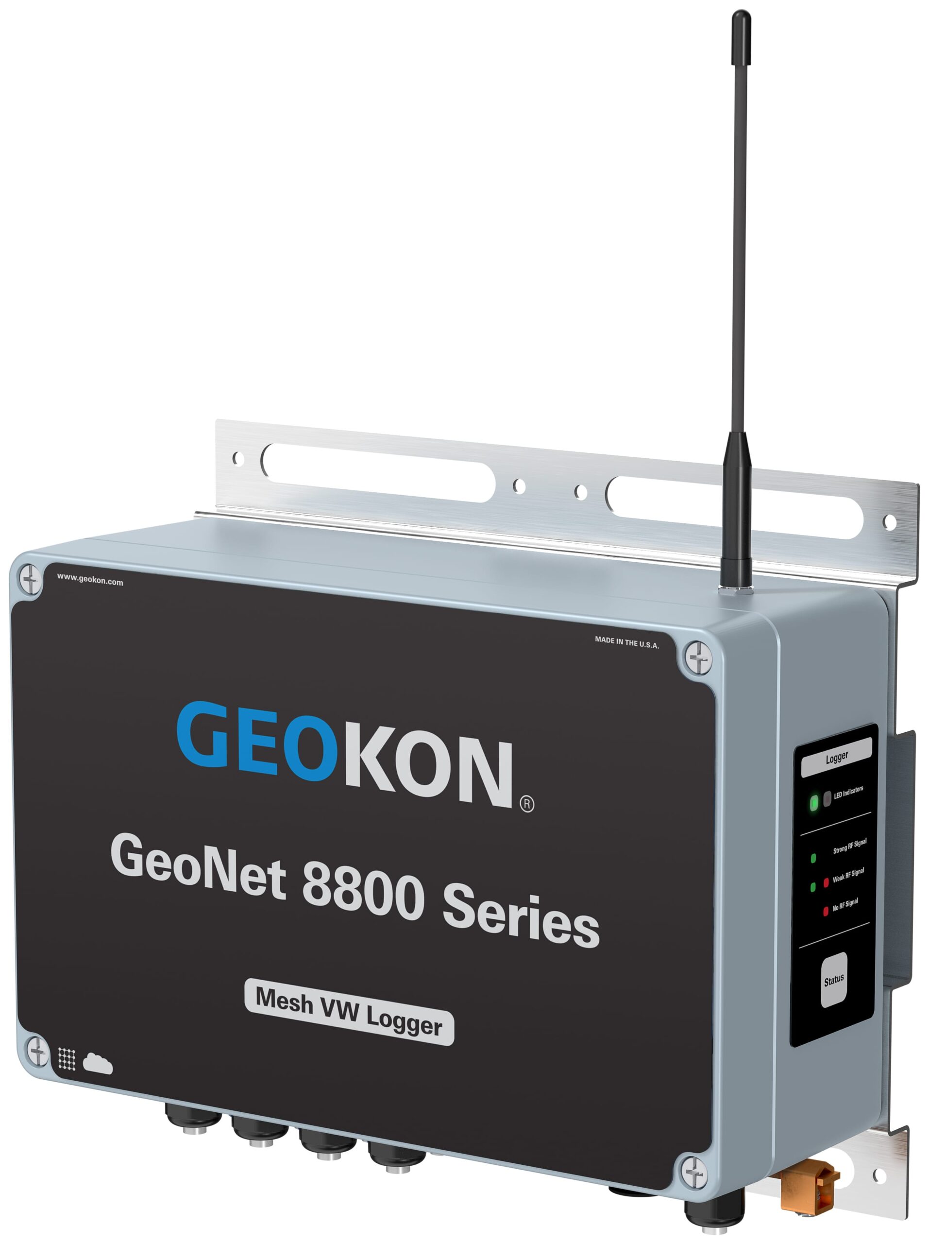A GEOKON GeoNet 8800 Series Mesh VW Logger device with an antenna, wall-mount bracket, and multiple indicator lights on the side.