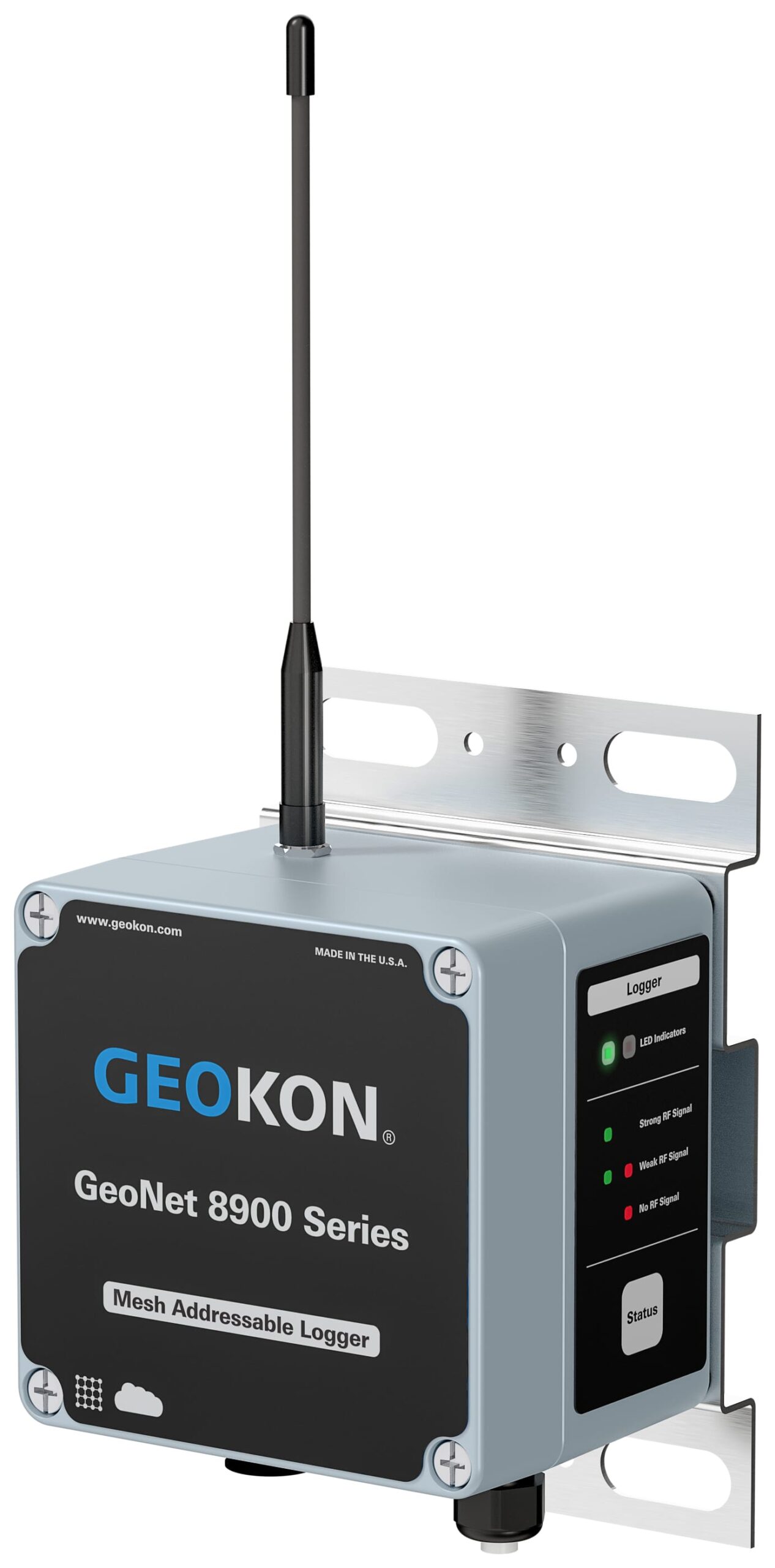 A GEOKON GeoNet 8900 Series mesh addressable logger with an antenna, mounted on a metal bracket, showing indicator lights and status labels on the side.