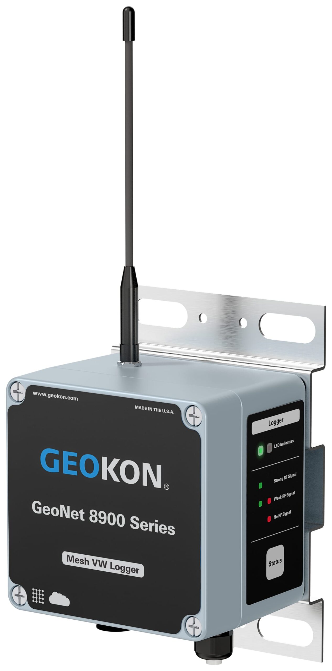A GEOKON GeoNet 8900 Series Mesh VW Logger device mounted on a metal bracket, featuring a vertical antenna and indicator lights on the side.