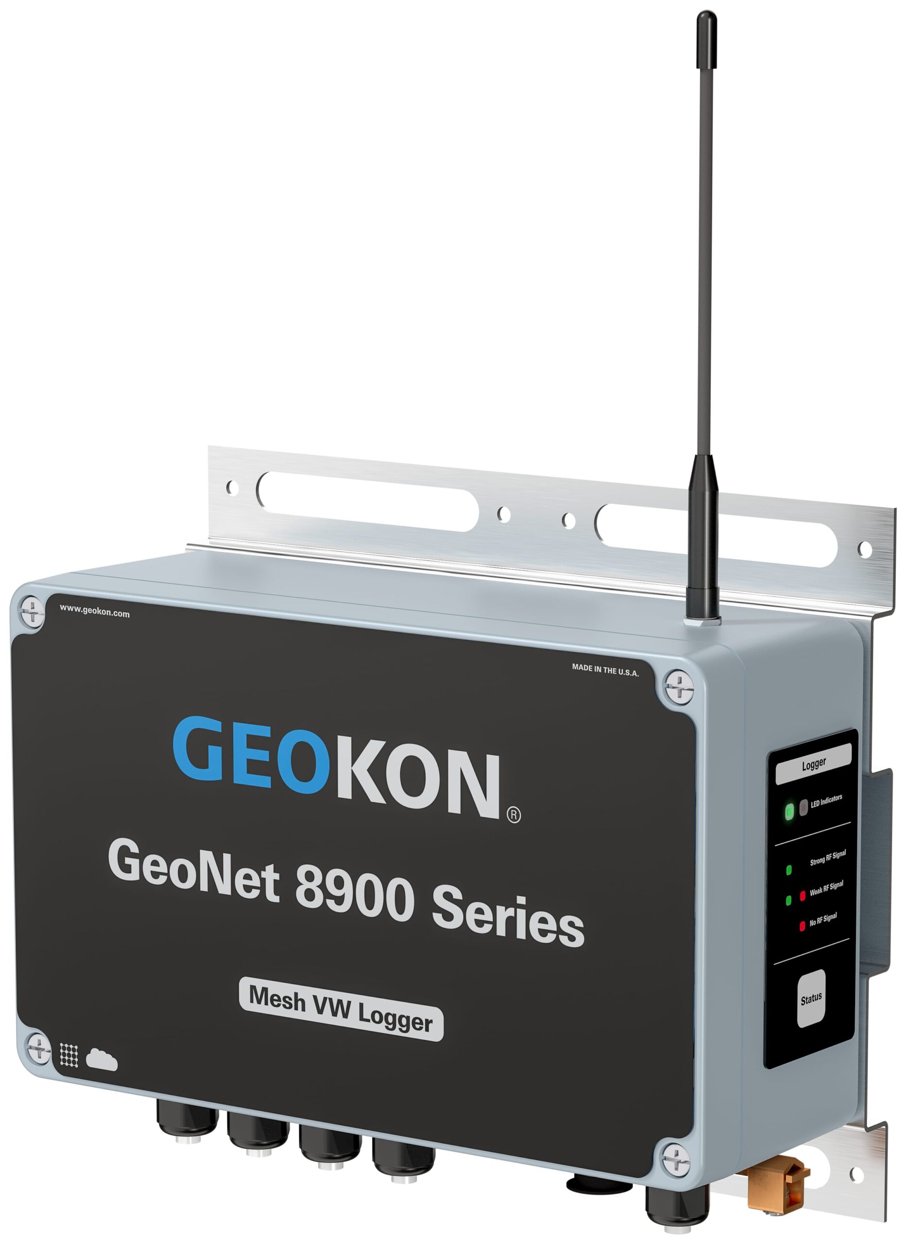 A GEOKON GeoNet 8900 Series Mesh VW Logger device with attached antenna, indicator lights, and multiple connection ports.