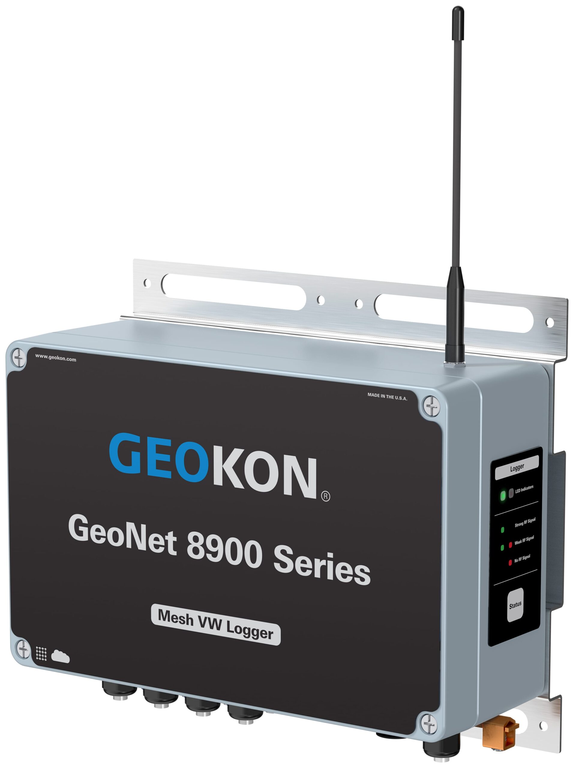 A GEOKON GeoNet 8900 Series Mesh VW Logger device with antenna, status lights, and connector ports, mounted on a metal bracket.