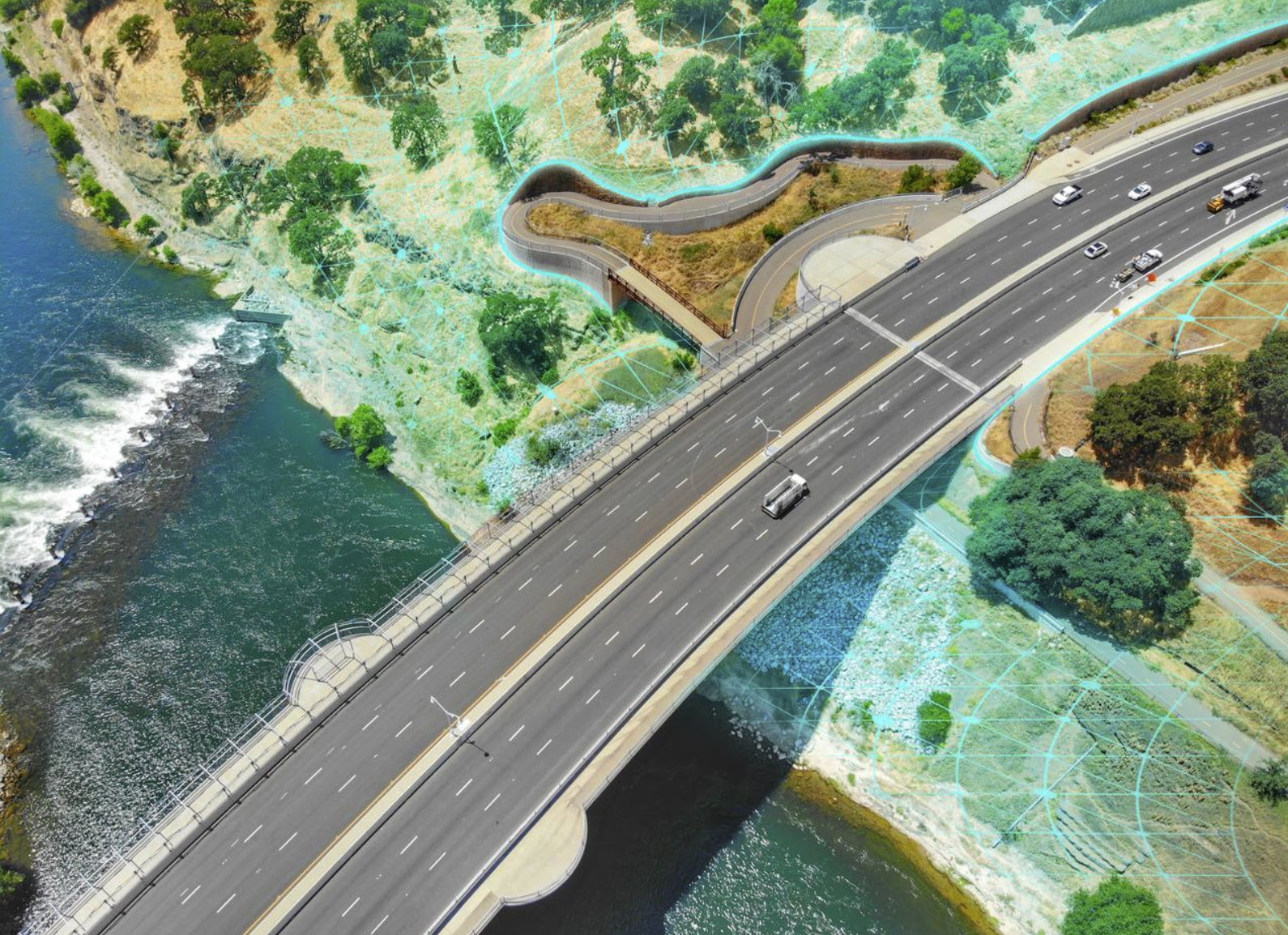 Aerial view of a multi-lane bridge crossing a river, showcasing impressive geotechnical design, with vehicles traveling in both directions and lush greenery flanking both sides.
