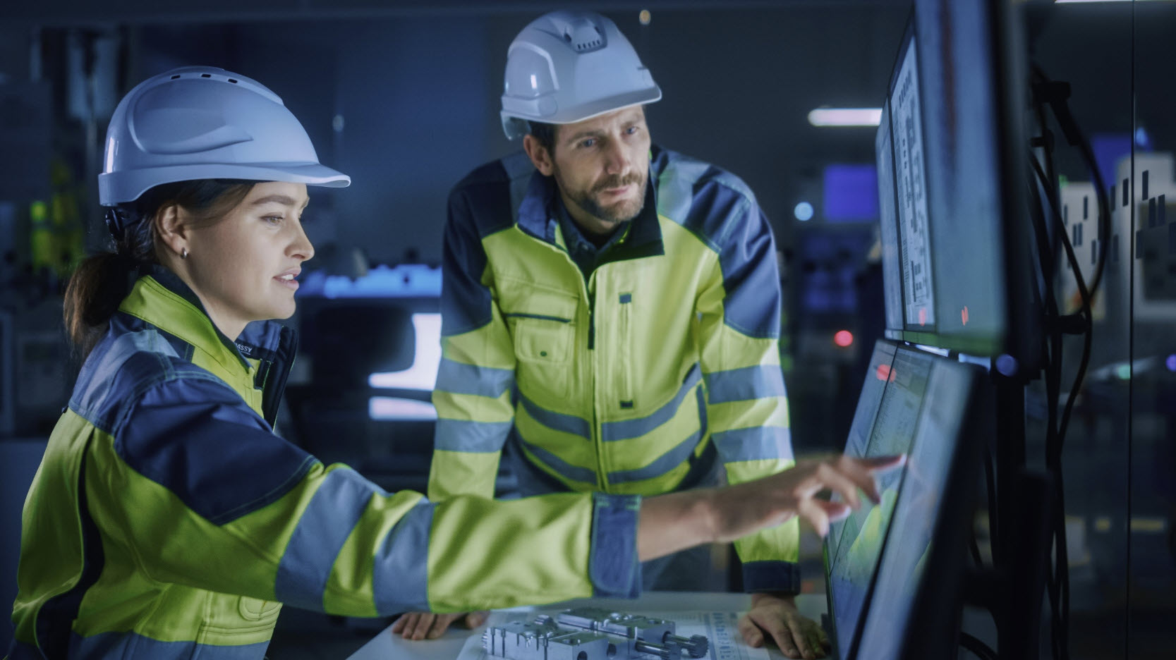 Two engineers in high-visibility jackets and helmets examine operations data on large computer monitors in an industrial control room.