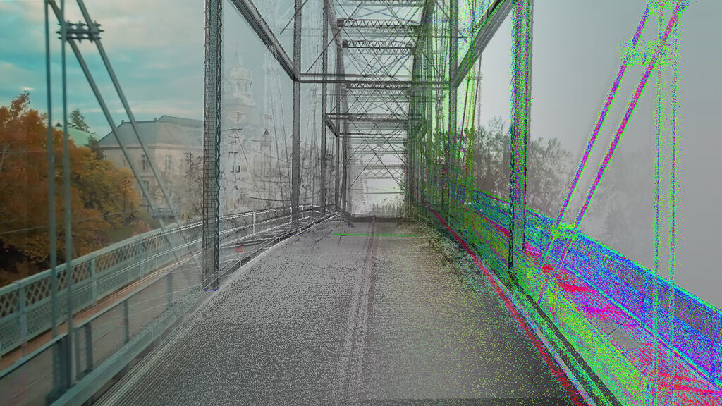 A bridge with metal framework is shown, partially overlaid with a digital 3D scan displaying colorful point cloud data on the right side.