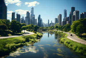 A river meanders through a cityscape adorned with tall buildings under a clear sky, surrounded by green trees and grassy areas, embodying the harmony of nature and advanced infrastructure engineering software from Bentley Systems.