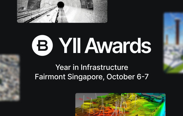 YII Awards event banner with text: "Year in Infrastructure, Fairmont Singapore, October 6-7" and abstract infrastructure images in the background.