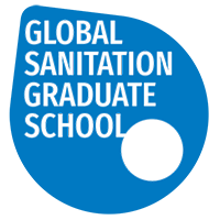 Logo for the Global Sanitation Graduate School featuring white text on a blue drop-shaped background with a circular cutout in the lower right